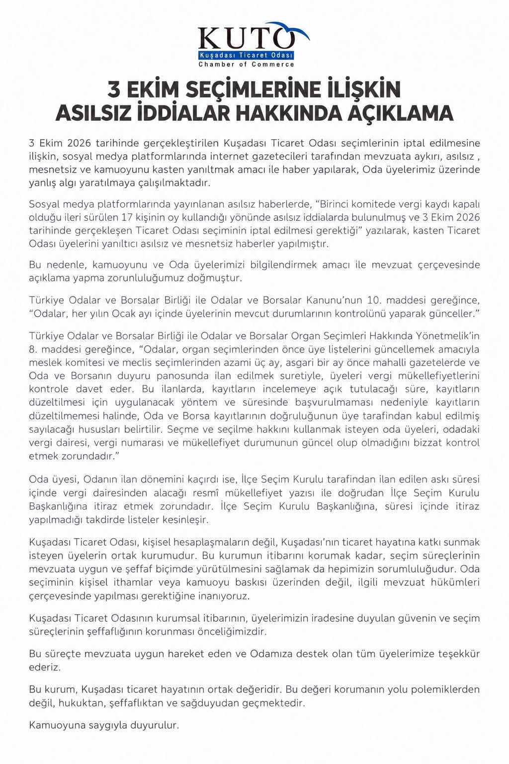 3 EKİM SEÇİMLERİNE İLİŞKİN ASILSIZ İDDALAR HAKKINDA AÇIKLAMA